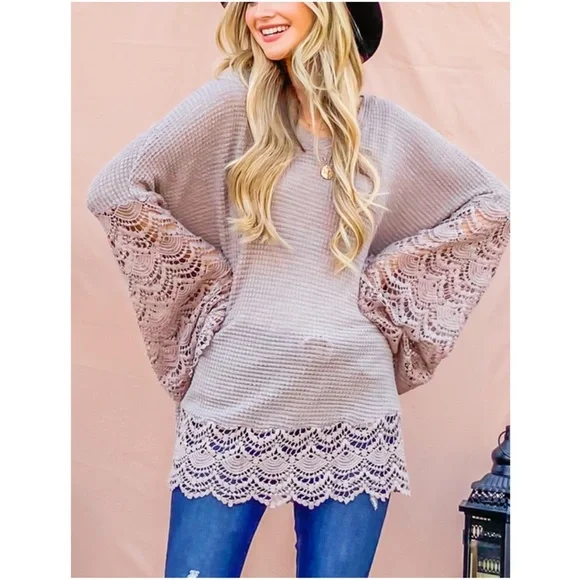 034 Boho Lace Bell Sleeve Waffle Knit Tunic Top - Picture 8 of 13